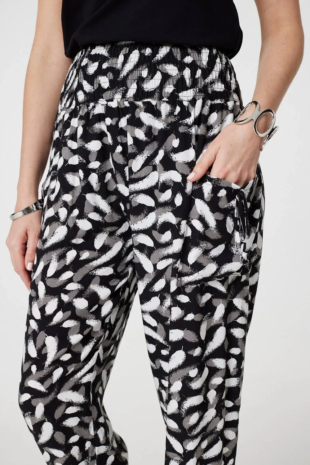 Feather Print Harem Pants with Pockets