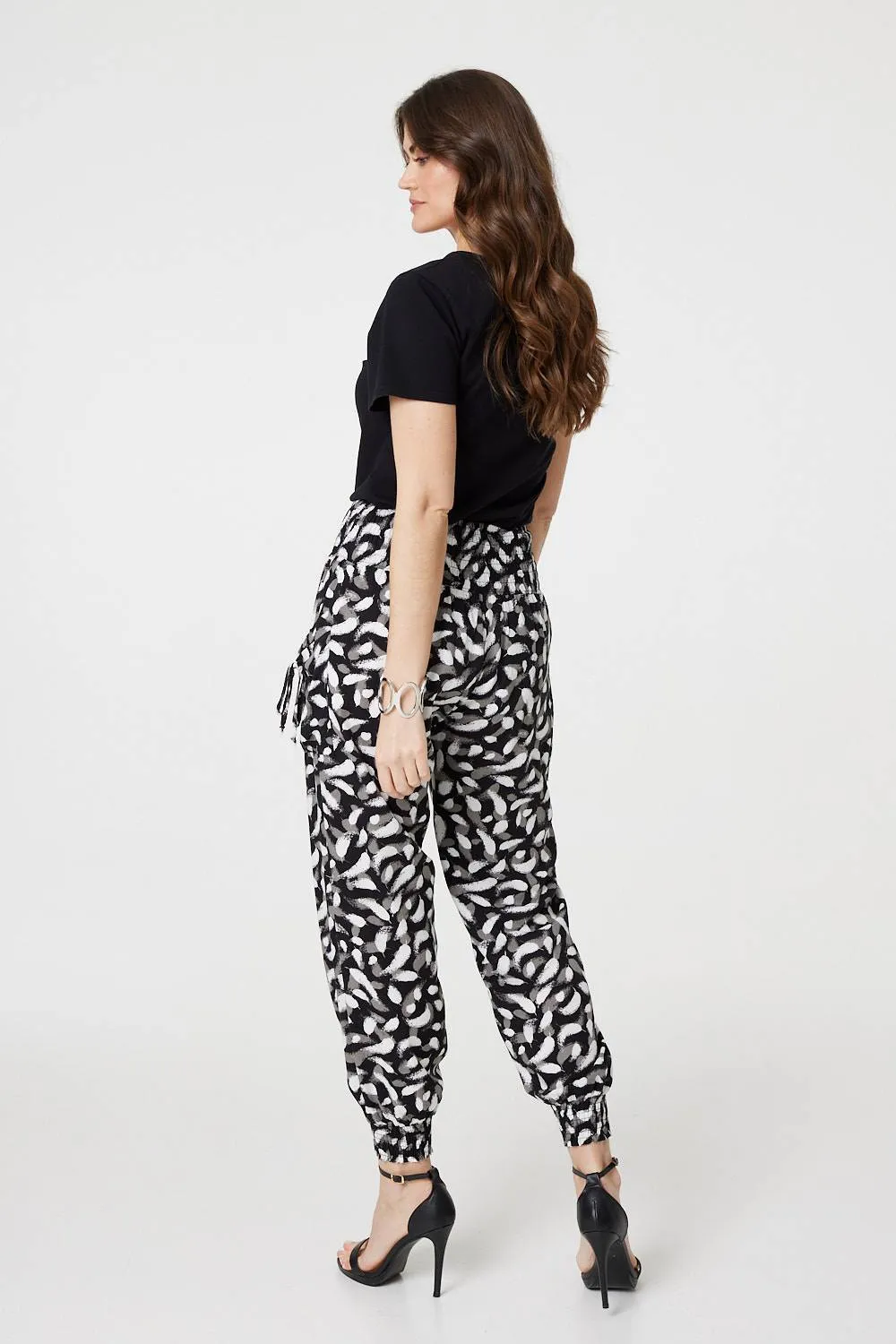 Feather Print Harem Pants with Pockets