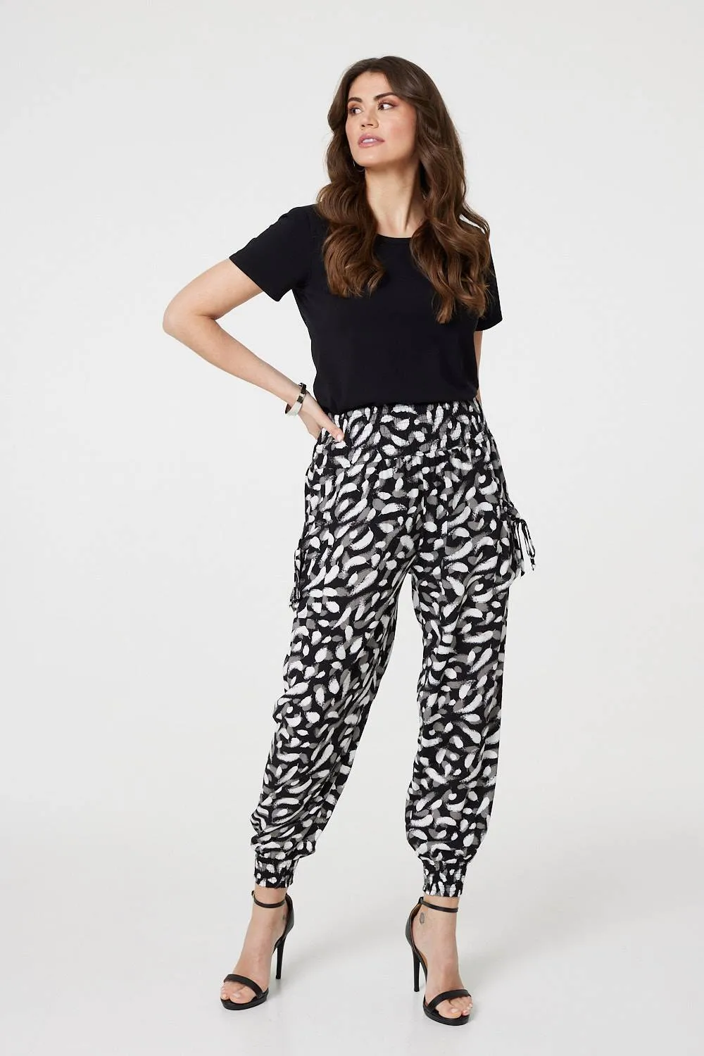 Feather Print Harem Pants with Pockets