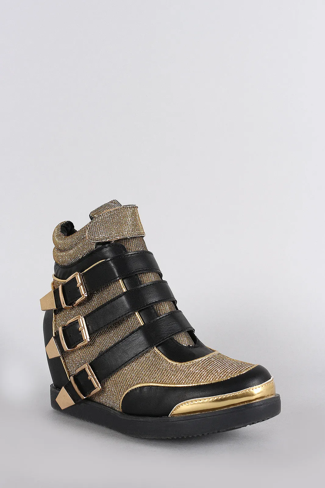 Glitter Strappy Buckle Round Toe High Top Wedge Sneaker