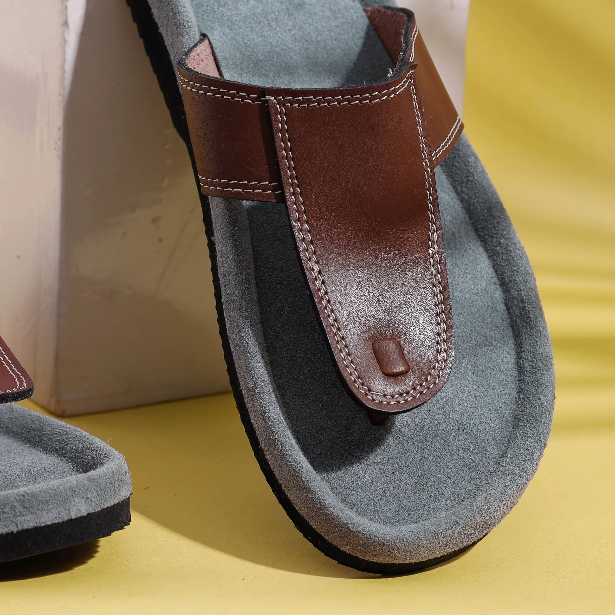 Grey & Brown Handcrafted Men's Leather Slippers with Suede