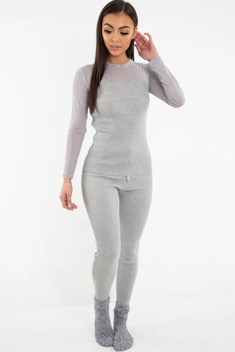 Grey Rib Knit Mesh Insert Loungewear Set - Genavie