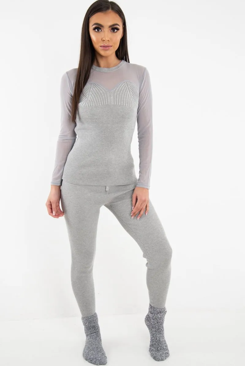 Grey Rib Knit Mesh Insert Loungewear Set - Genavie