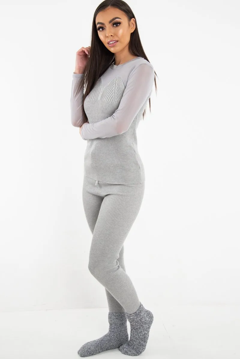 Grey Rib Knit Mesh Insert Loungewear Set - Genavie