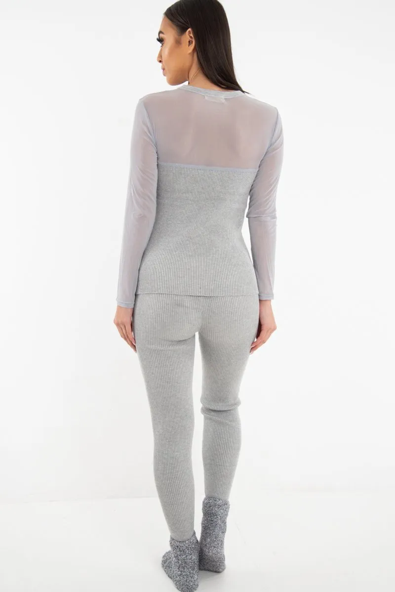 Grey Rib Knit Mesh Insert Loungewear Set - Genavie