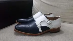 Handmade Men's Black White Leather Monk Strap Cap Toe Shoe