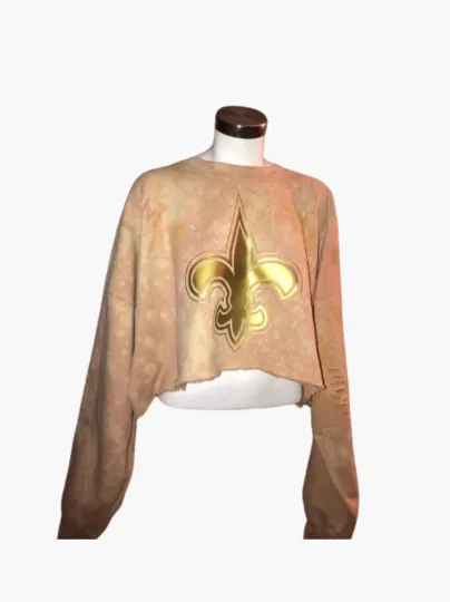 Handmade New Orleans Saints Oversized Old Gold Fleur Light Distress Crew Neck Crop Sweatshirt ONE SIZE