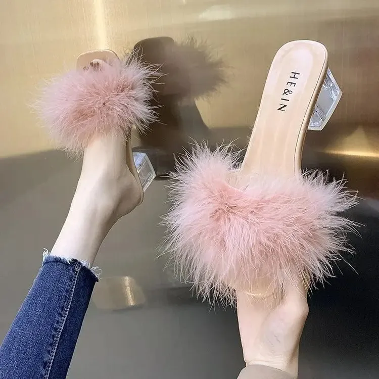 Hnzxzm Sandal Women Summer Outdoor Fashion Slippers Square Toe High Heels Office Ladies Feather Slides Chic Classics Furry Shoes