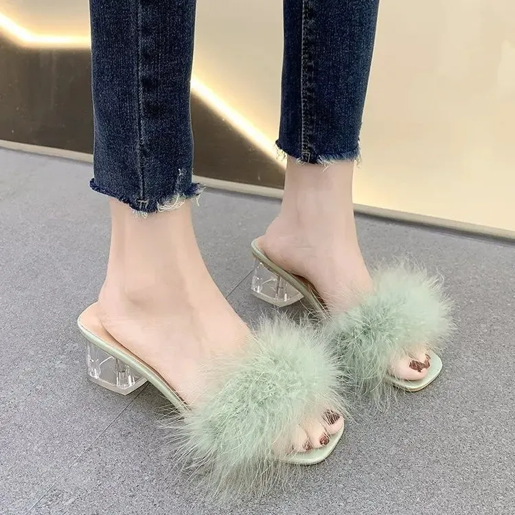 Hnzxzm Sandal Women Summer Outdoor Fashion Slippers Square Toe High Heels Office Ladies Feather Slides Chic Classics Furry Shoes