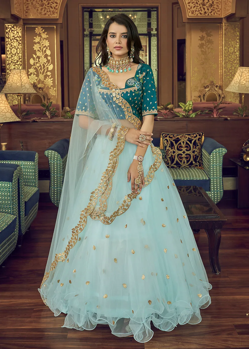 Impressive Sky Blue Heavy Net Party Wear Lehenga Choli