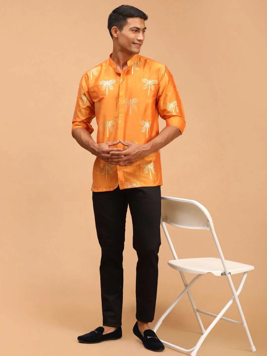 Jashvi Men's Orange Foil Print Shirt