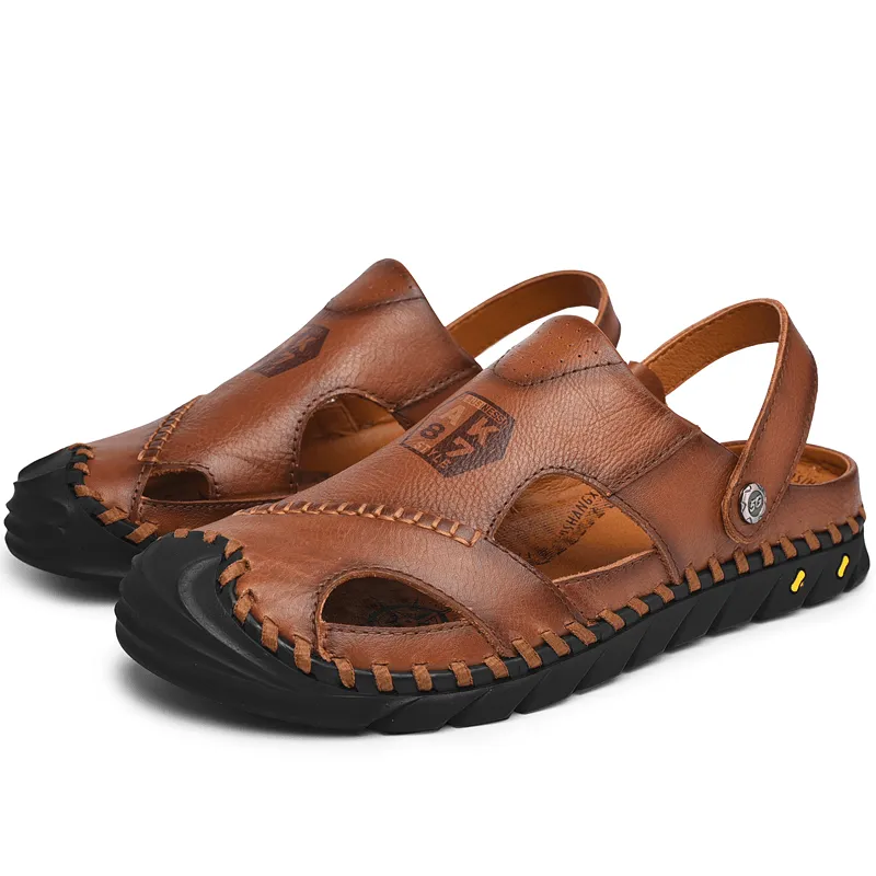 kkboxly kkboxly Men Anti-Collision Toe Cow Leather Hand Stitching Outdoor Water Sandals