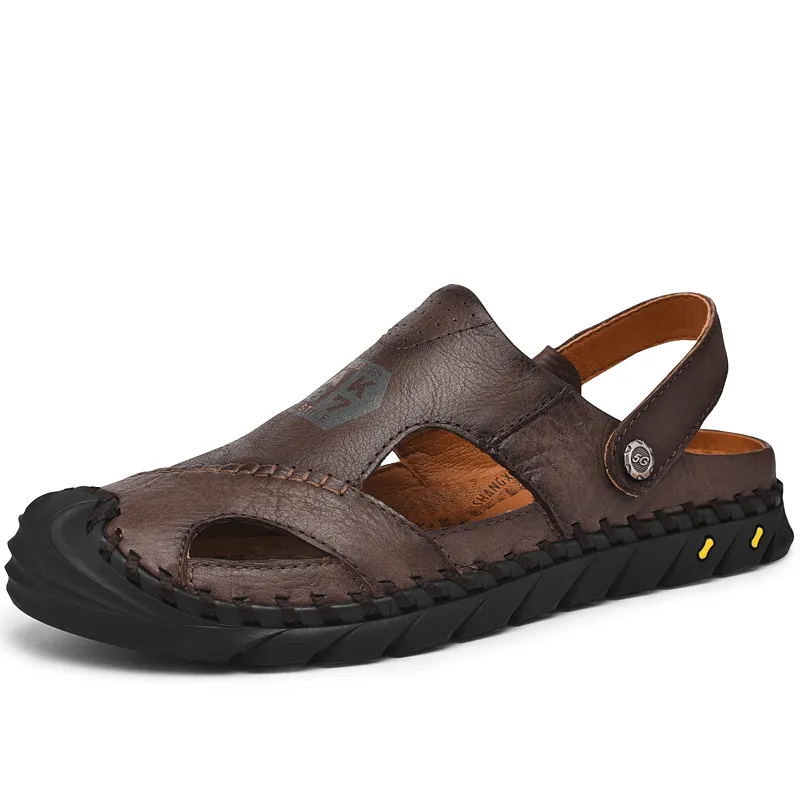 kkboxly kkboxly Men Anti-Collision Toe Cow Leather Hand Stitching Outdoor Water Sandals