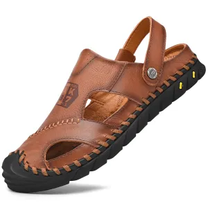 kkboxly kkboxly Men Anti-Collision Toe Cow Leather Hand Stitching Outdoor Water Sandals