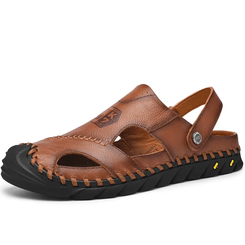 kkboxly kkboxly Men Anti-Collision Toe Cow Leather Hand Stitching Outdoor Water Sandals