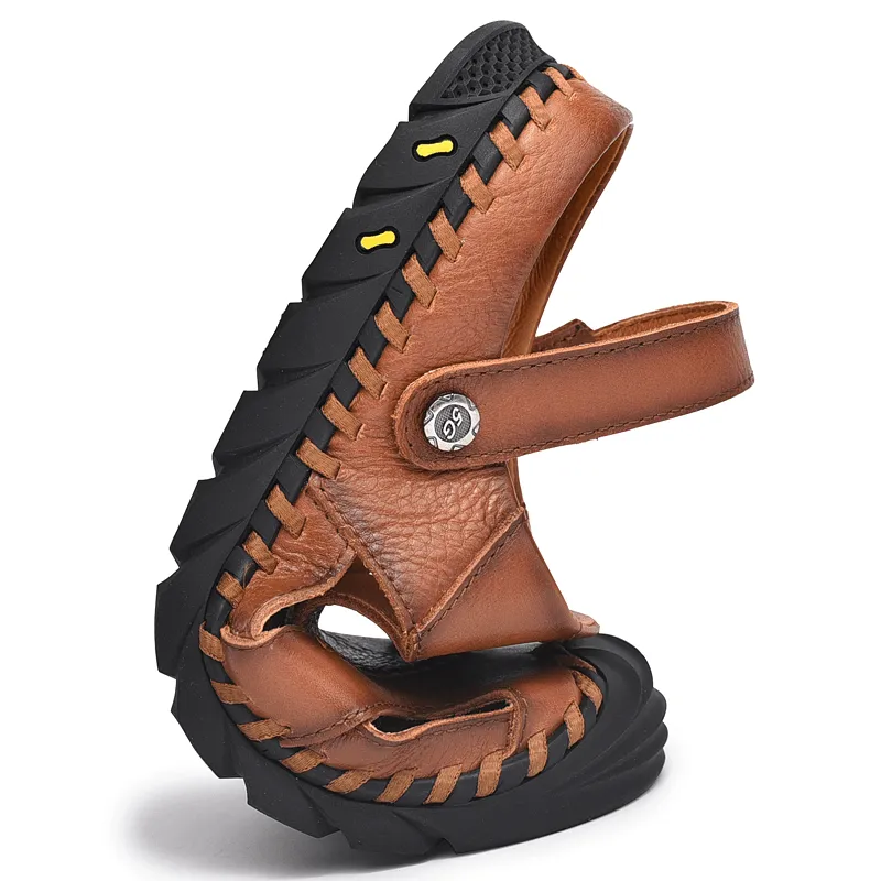 kkboxly kkboxly Men Anti-Collision Toe Cow Leather Hand Stitching Outdoor Water Sandals