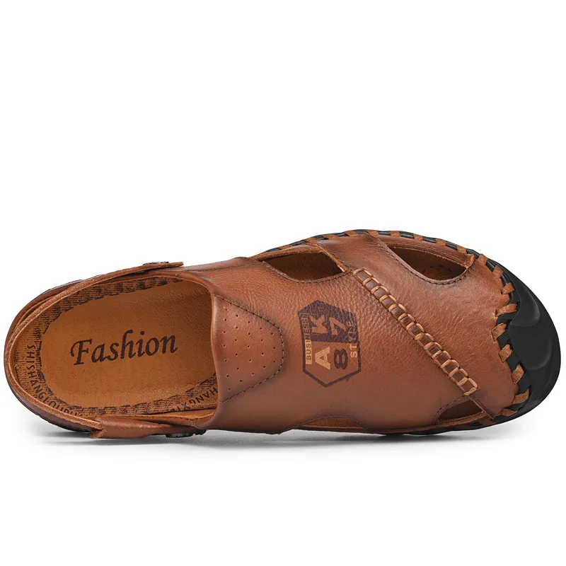 kkboxly kkboxly Men Anti-Collision Toe Cow Leather Hand Stitching Outdoor Water Sandals