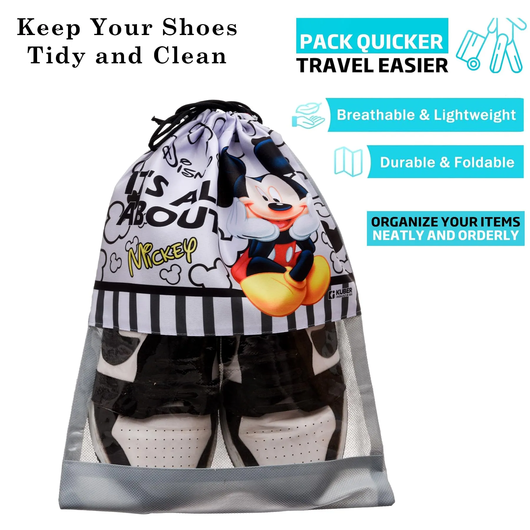 Kuber Industries Disney Mickey Shoe Cover | Travel Shoe Storage Bags | Polyester Storage Bag | Drawstring Shoe Cover | Shoe Organizer with Clear Window | Pack of 18 | Gray