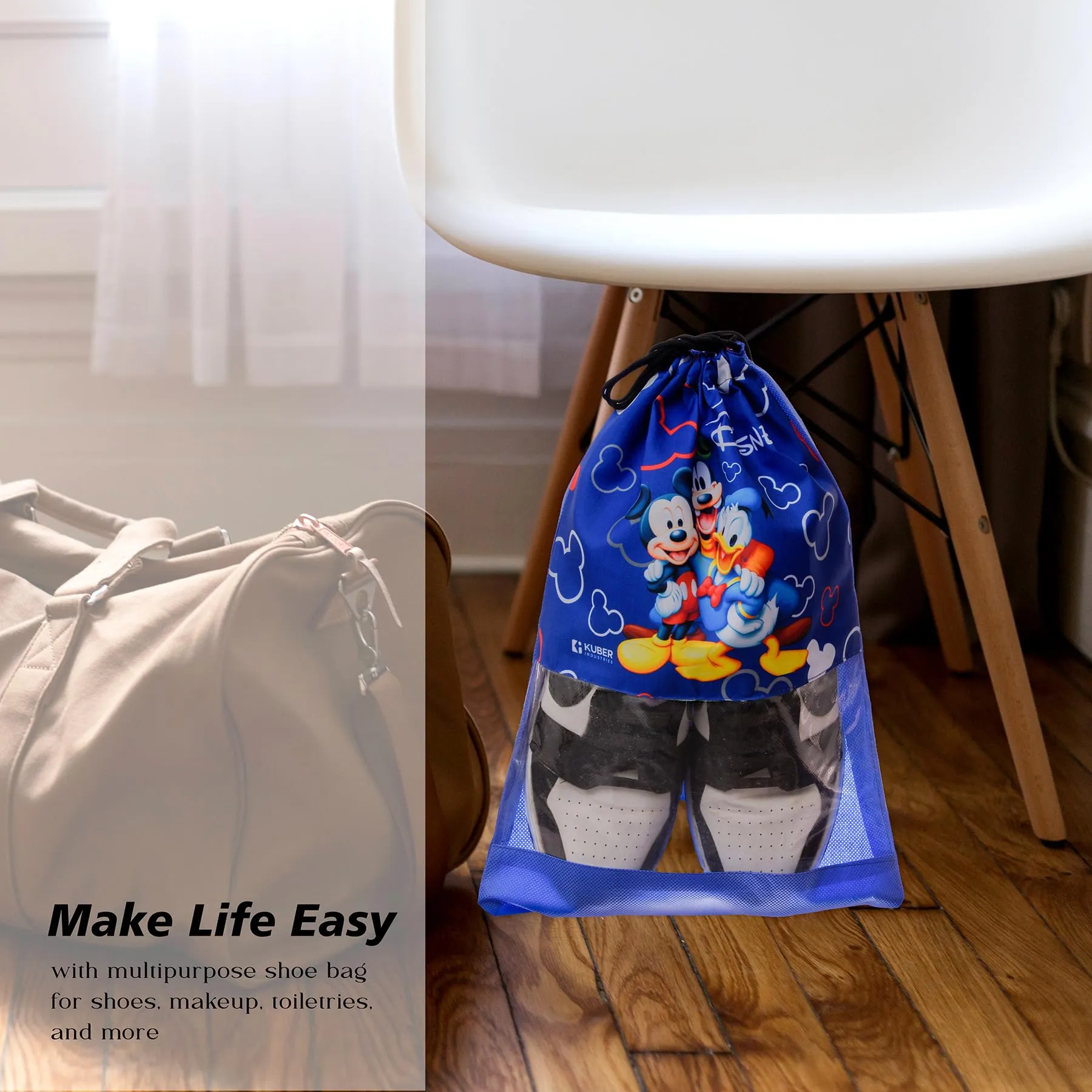 Kuber Industries Disney Team Mickey Shoe Cover | Travel Shoe Storage Bags | Polyester Storage Bag | Drawstring Shoe Cover | Shoe Organizer with Clear Window | Pack of 6 | Blue