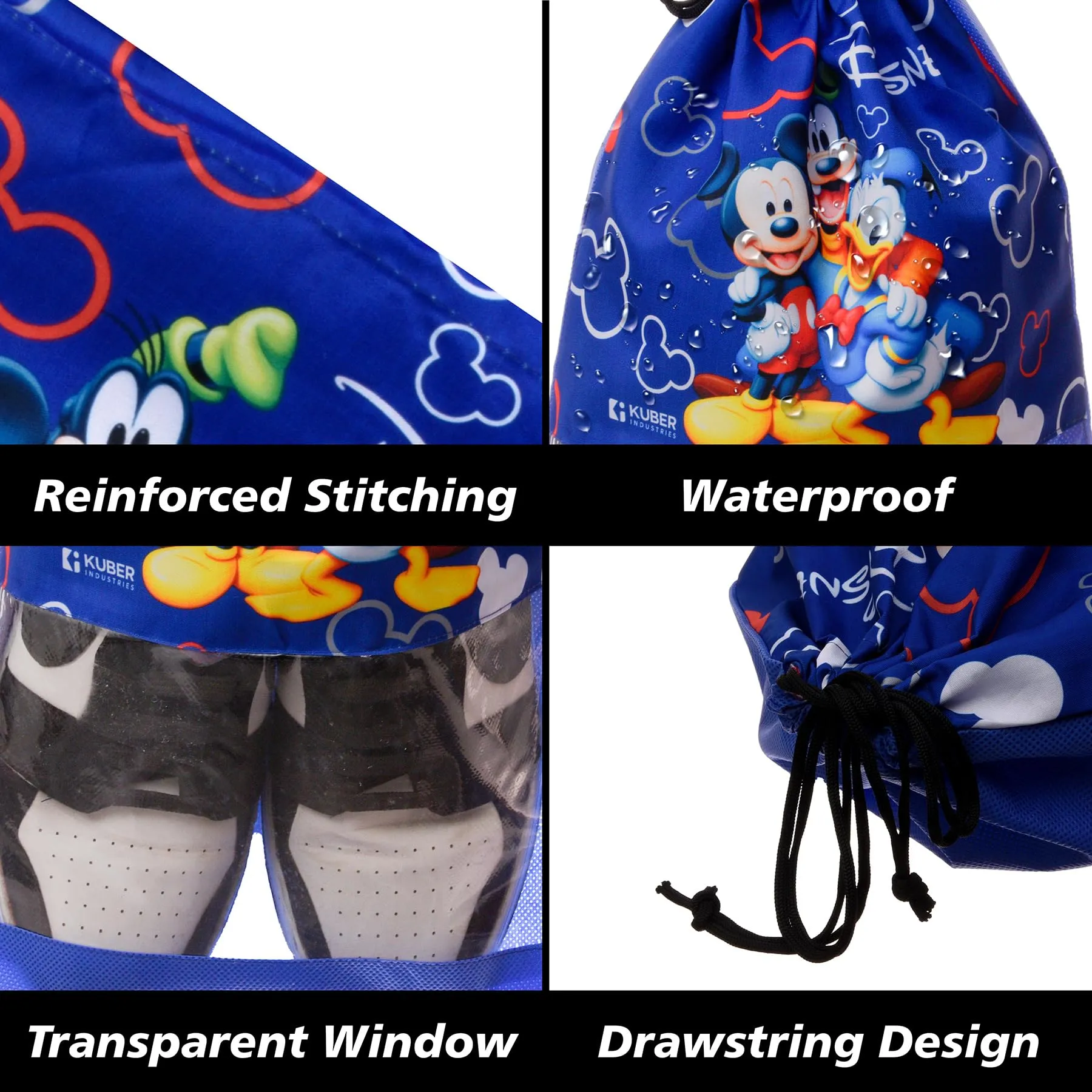 Kuber Industries Disney Team Mickey Shoe Cover | Travel Shoe Storage Bags | Polyester Storage Bag | Drawstring Shoe Cover | Shoe Organizer with Clear Window | Pack of 6 | Blue