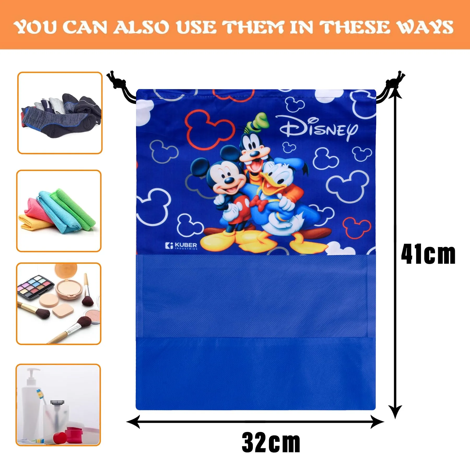 Kuber Industries Disney Team Mickey Shoe Cover | Travel Shoe Storage Bags | Polyester Storage Bag | Drawstring Shoe Cover | Shoe Organizer with Clear Window | Pack of 6 | Blue