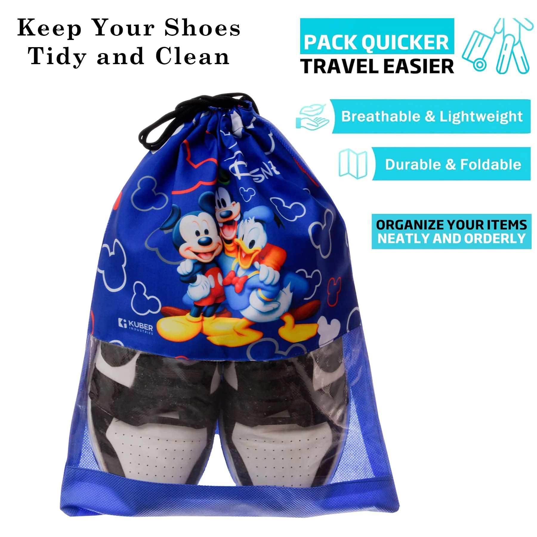 Kuber Industries Disney Team Mickey Shoe Cover | Travel Shoe Storage Bags | Polyester Storage Bag | Drawstring Shoe Cover | Shoe Organizer with Clear Window | Pack of 6 | Blue