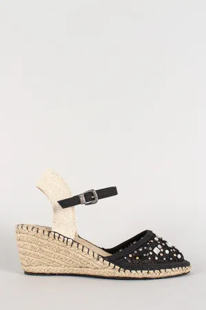 Lace Jeweled Round Toe Espadrille Wedge