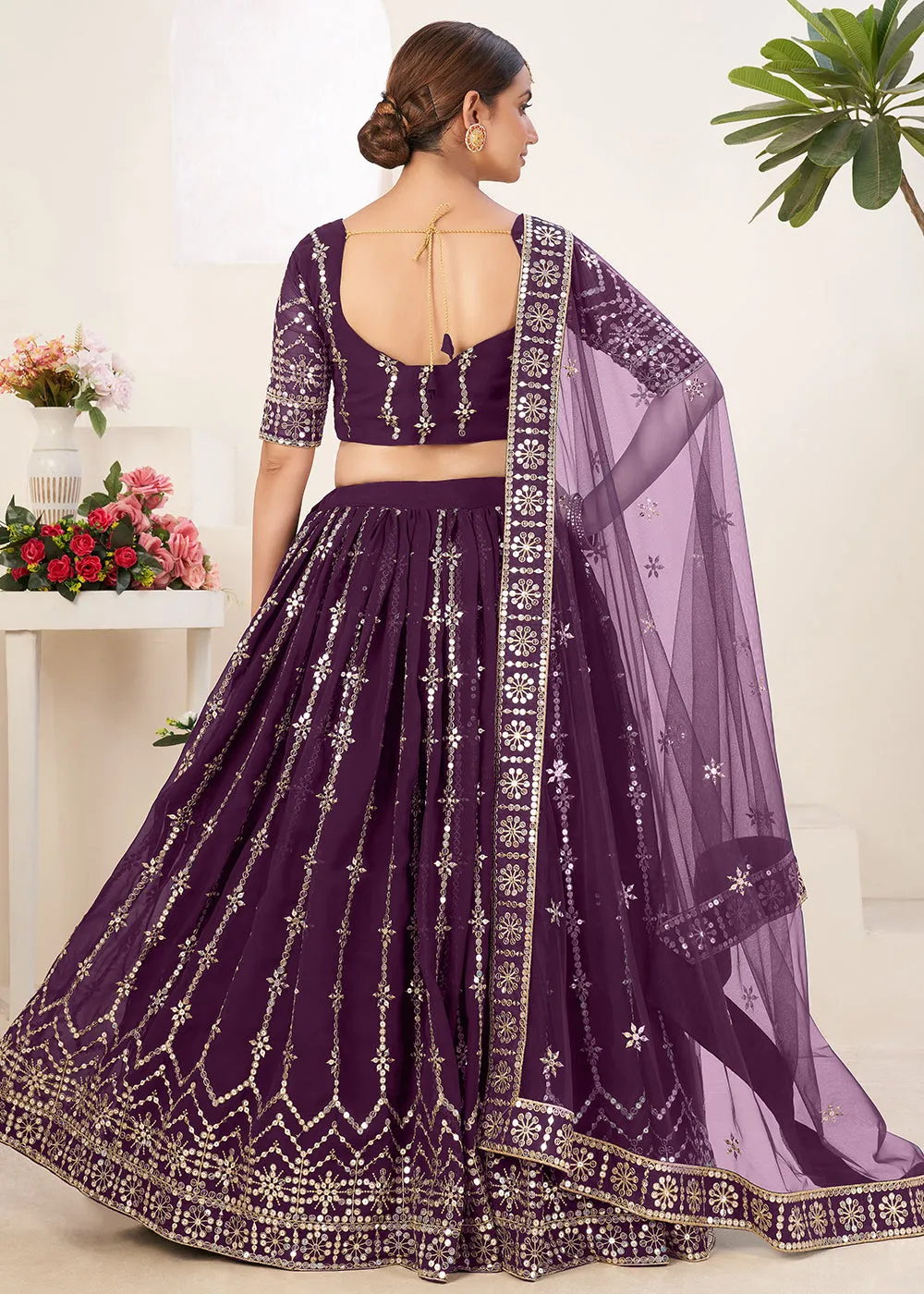 Latest Purple Bordered Sequins Sangeet Wear Lehenga Choli