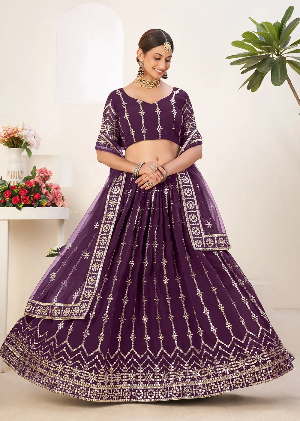 Latest Purple Bordered Sequins Sangeet Wear Lehenga Choli