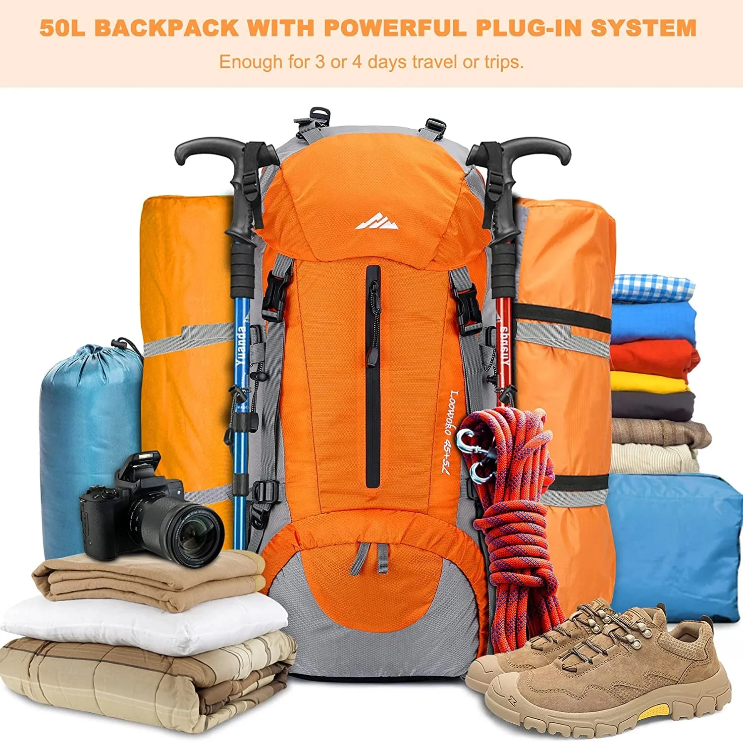 Loowoko 50L Hiking Backpack, Waterproof Camping Essentials Bag with Rain Cover, Hiking Daypack Options for Consumers.