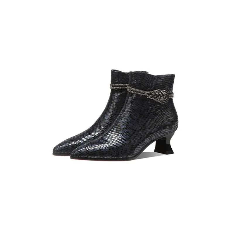 Luxe Serpent Pointed Toe Metal Heel Ankle Boots