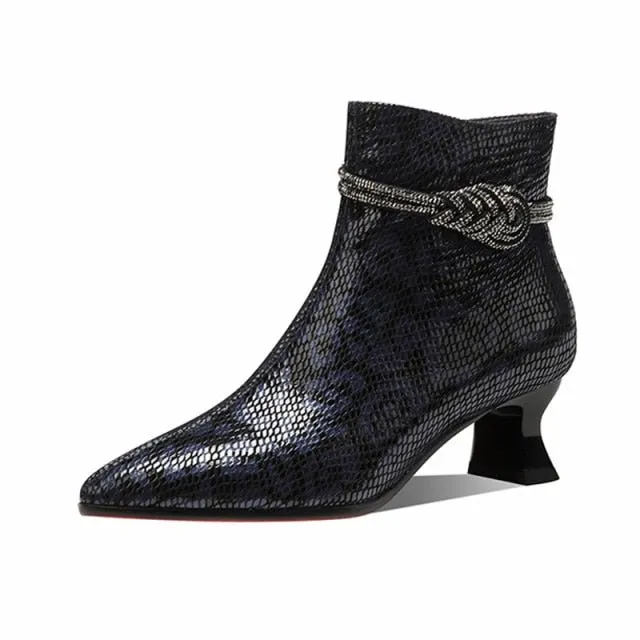 Luxe Serpent Pointed Toe Metal Heel Ankle Boots