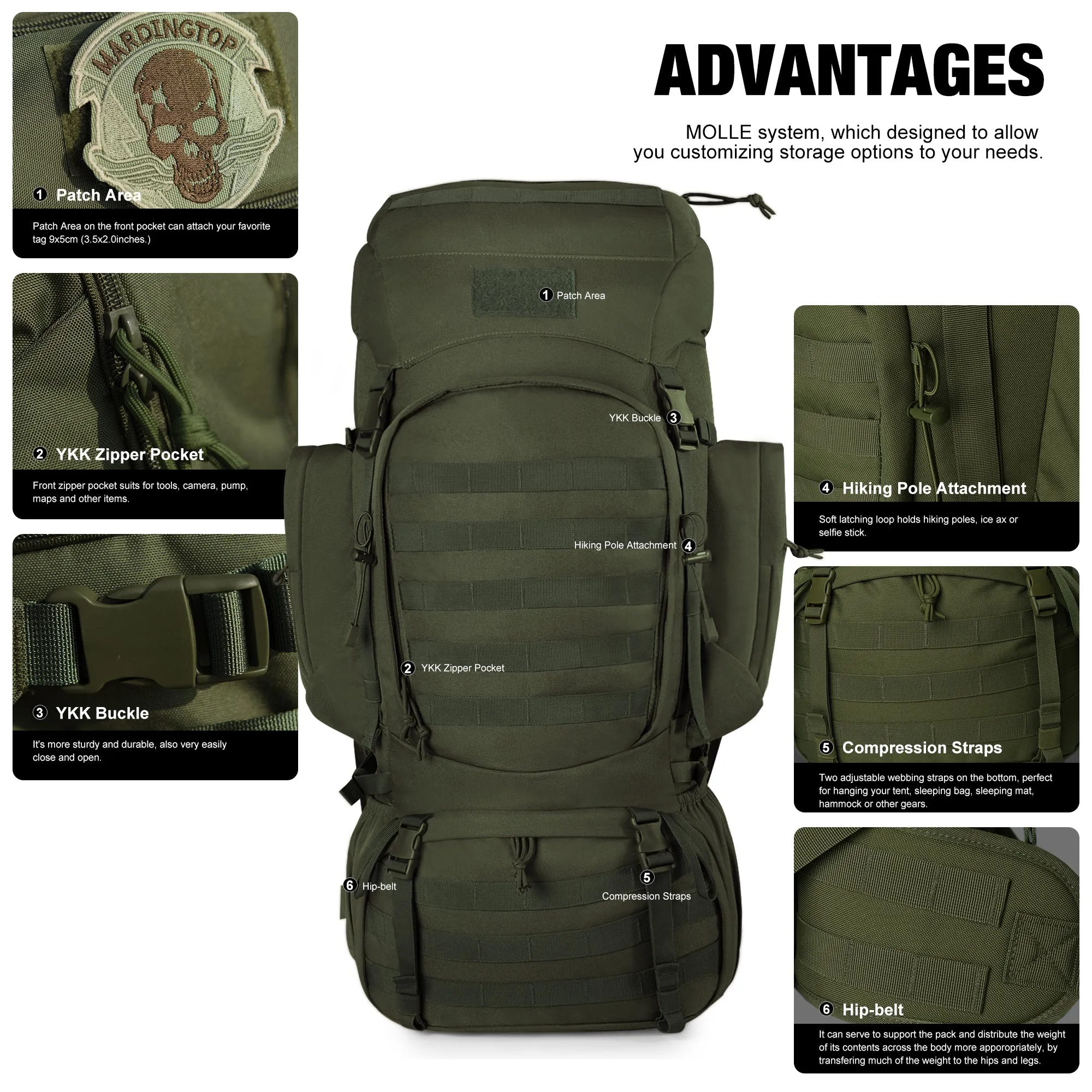 [M6226] Mardingtop 60L Molle Hiking Internal Frame Backpacks with Rain Cover