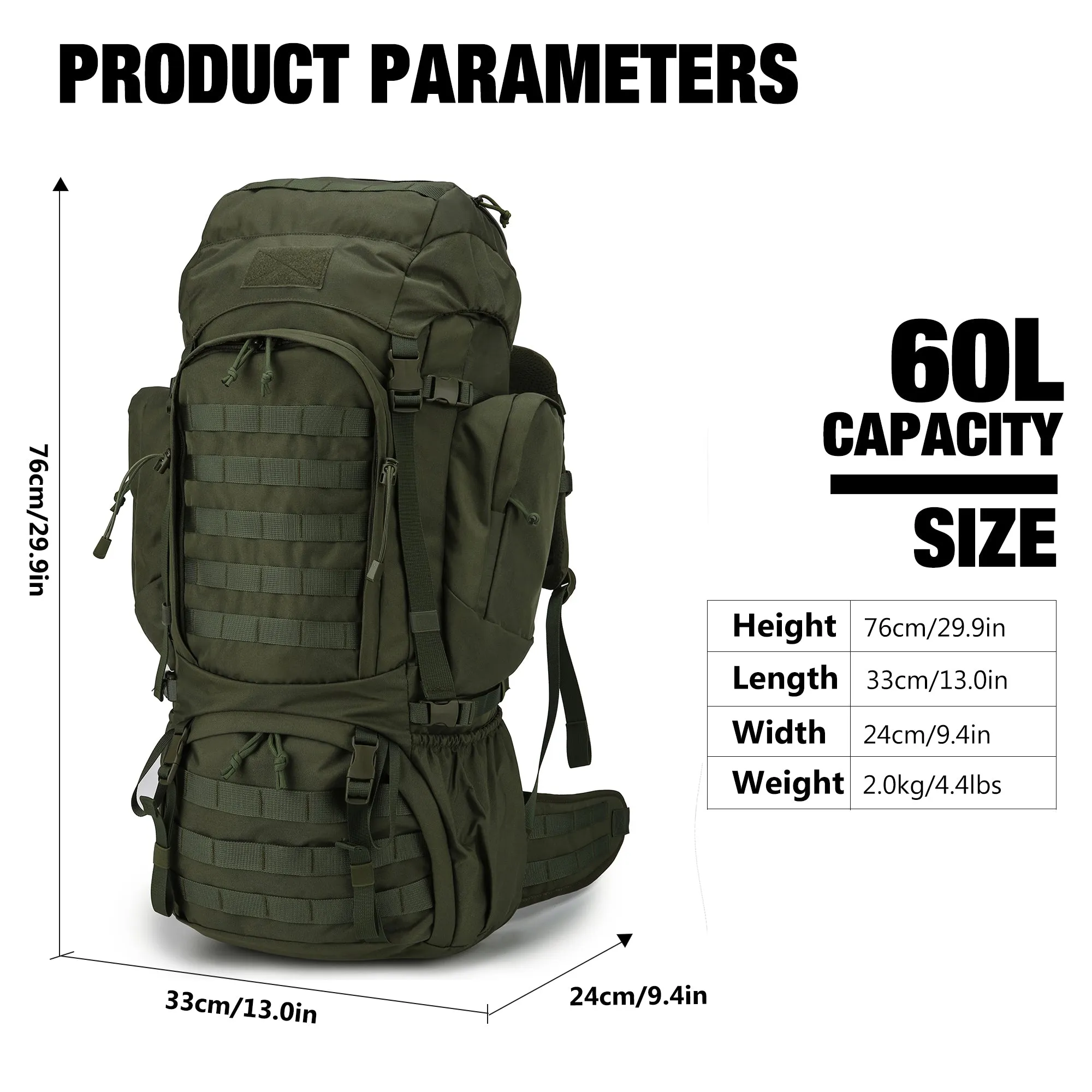 [M6226] Mardingtop 60L Molle Hiking Internal Frame Backpacks with Rain Cover