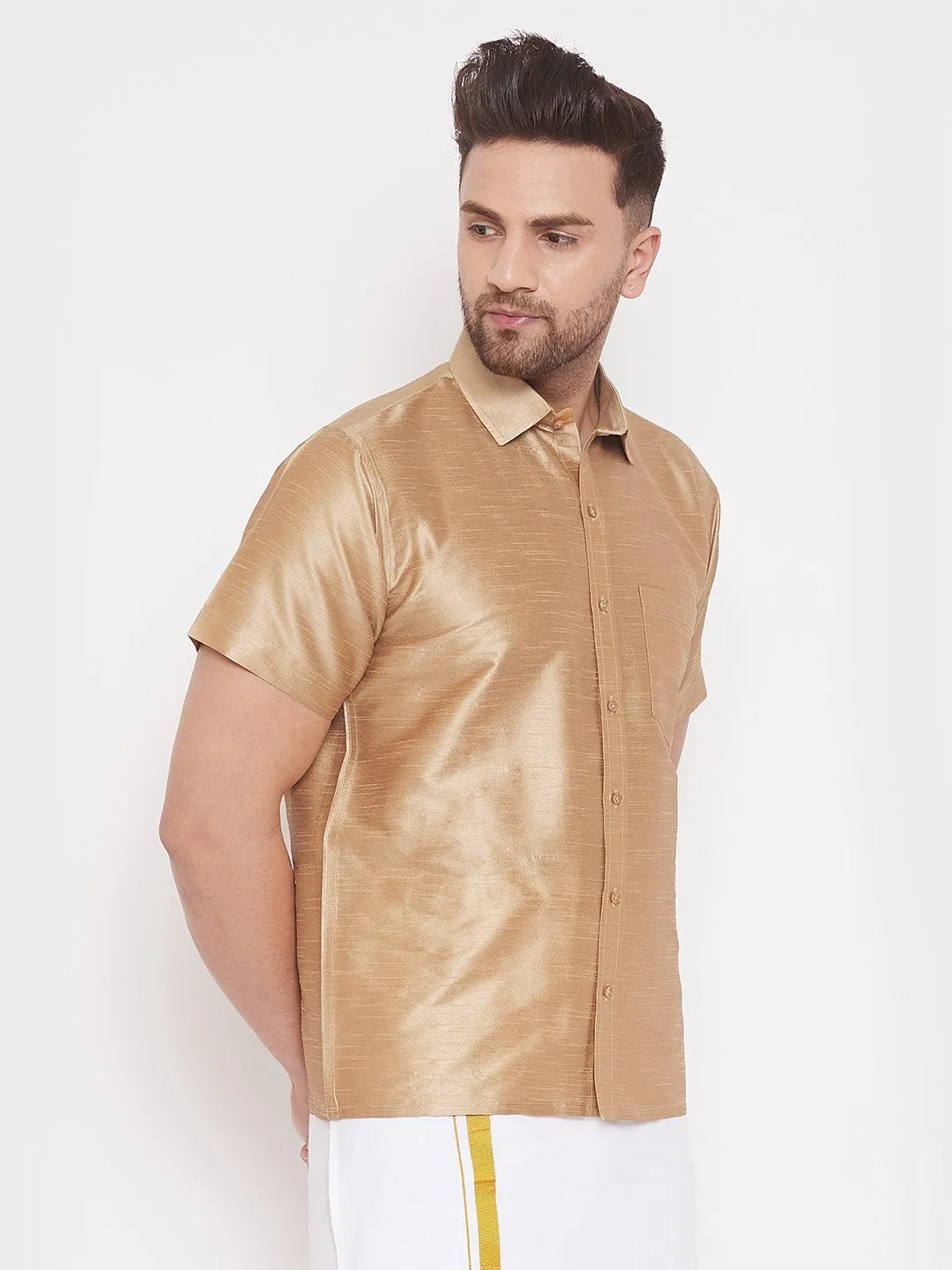 Men's Gold Cotton Silk Blend Ethnic Shirt - Vastramay