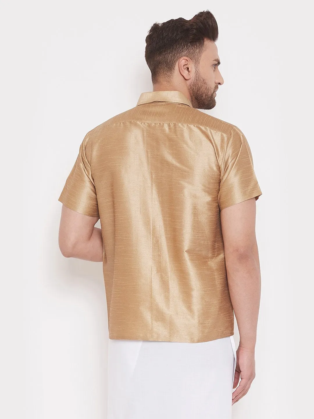 Men's Gold Cotton Silk Blend Ethnic Shirt - Vastramay