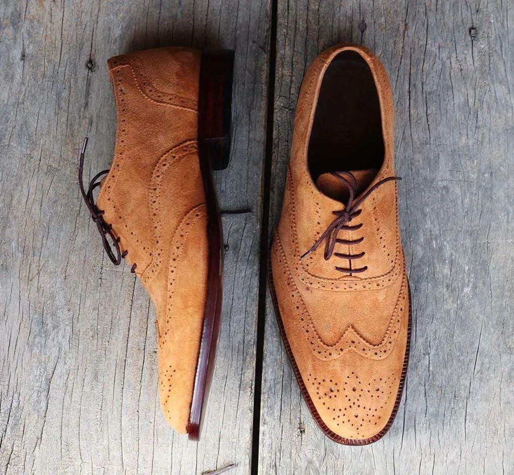 Men's Tan Wing Tip Brogue Suede Men's Shoes