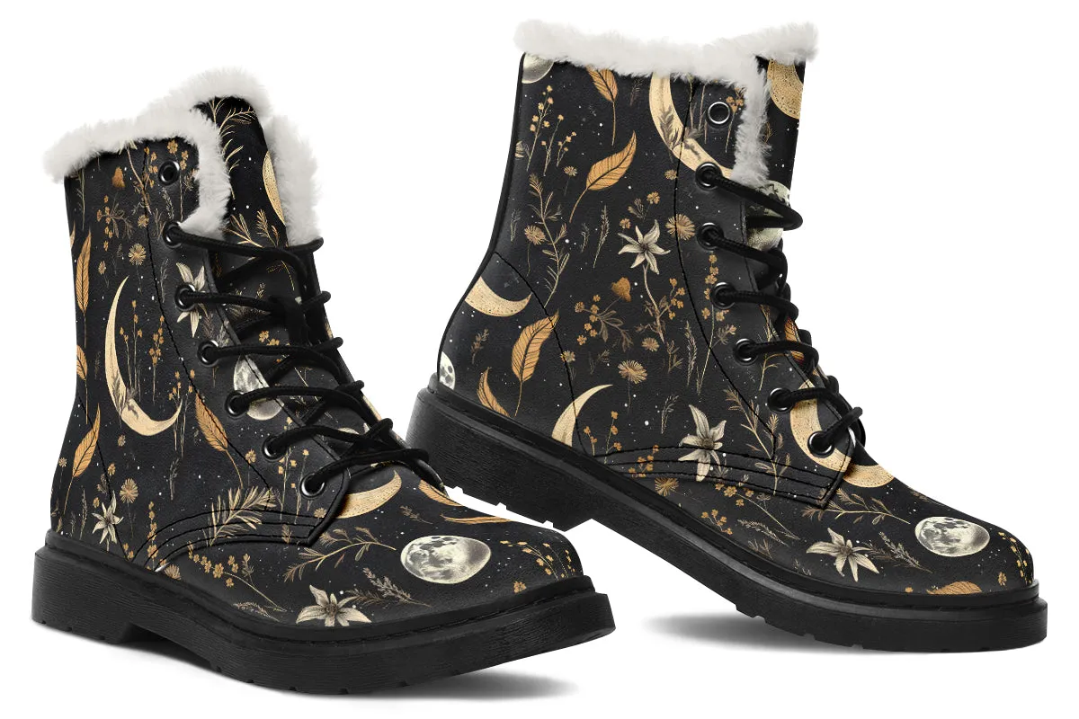 Moonlit Botanica Winter Boots - Warm Micro-Suede Doc-Style Boots Lined with Vegan Wool