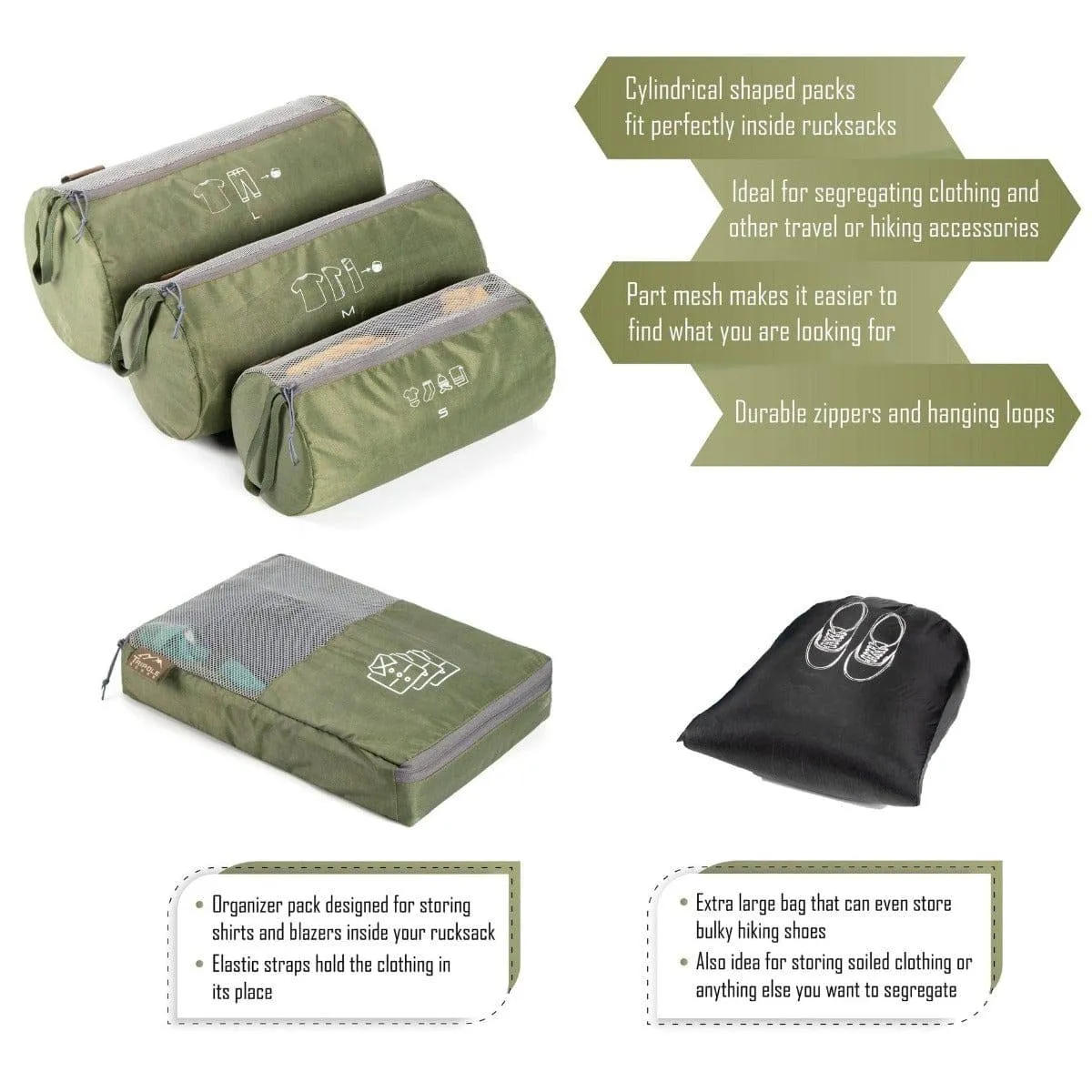 Organizer Packs - Cylindrical & Rectangle Shaped - Set of 6 - Army Green