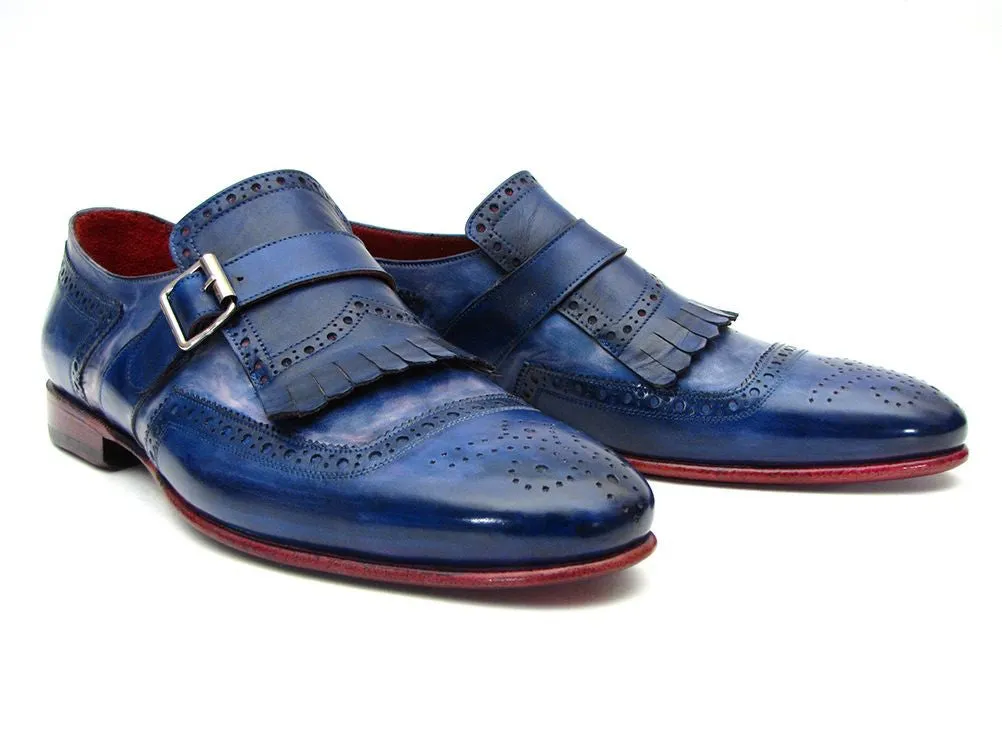 Paul Parkman Kiltie Monkstrap Shoes Dual Tone Blue Leather