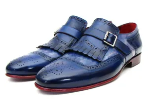 Paul Parkman Kiltie Monkstrap Shoes Dual Tone Blue Leather