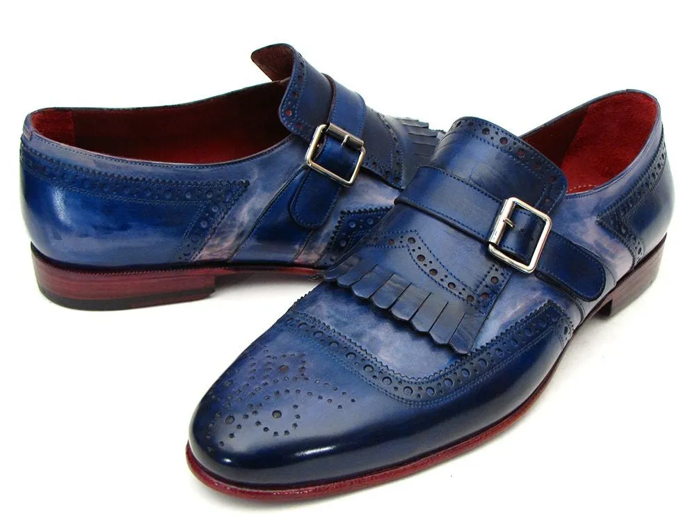 Paul Parkman Kiltie Monkstrap Shoes Dual Tone Blue Leather