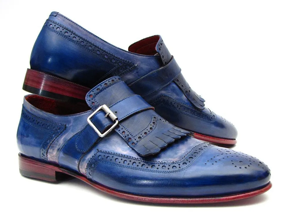 Paul Parkman Kiltie Monkstrap Shoes Dual Tone Blue Leather