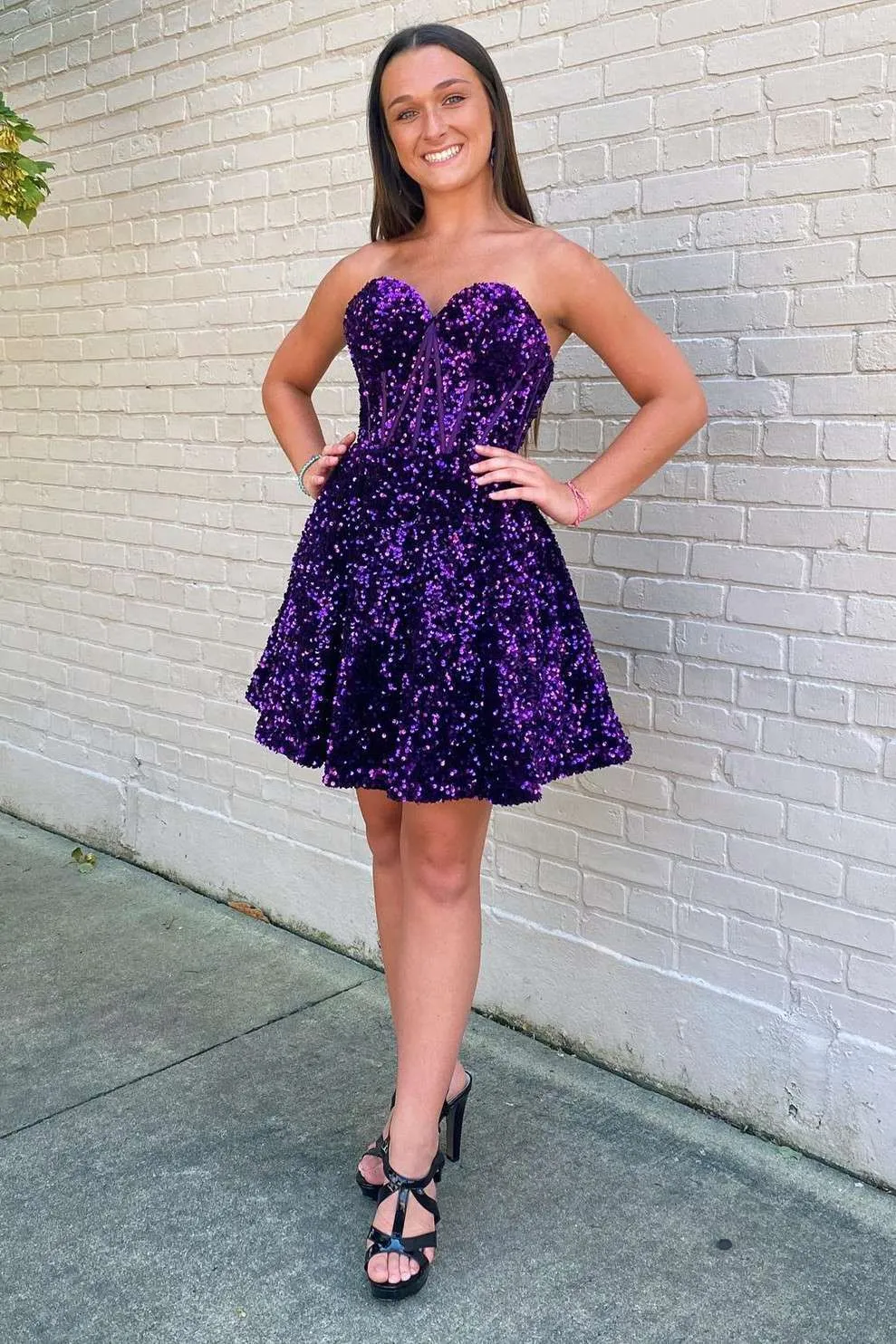 Purple Sequin Sweetheart A-Line Short Homecoming Dress with Pockets