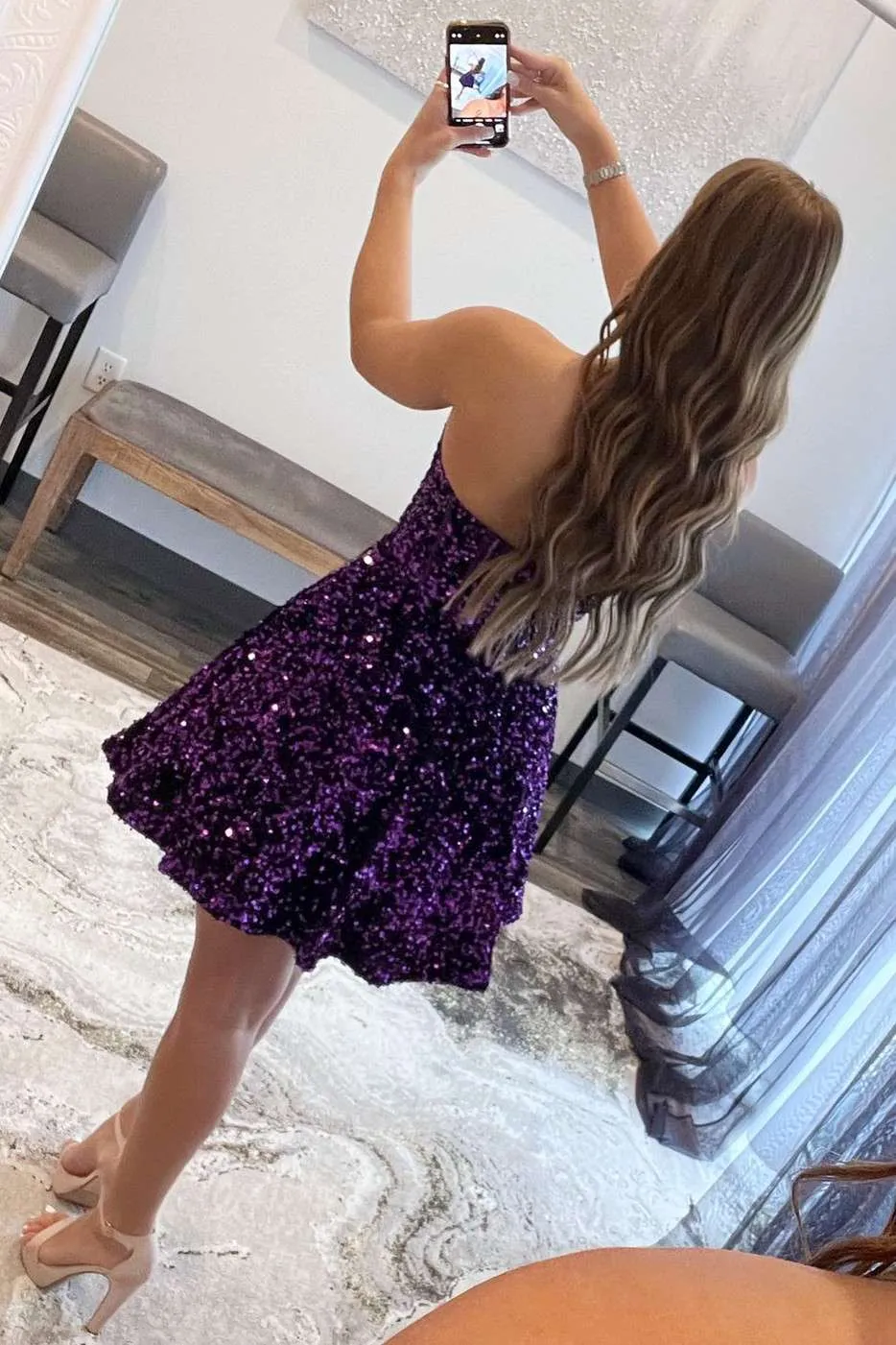 Purple Sequin Sweetheart A-Line Short Homecoming Dress with Pockets