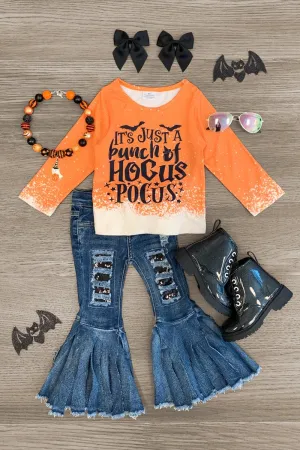 "It's Just A Bunch Of Hocus Pocus" Orange Denim Bell Bottom Set