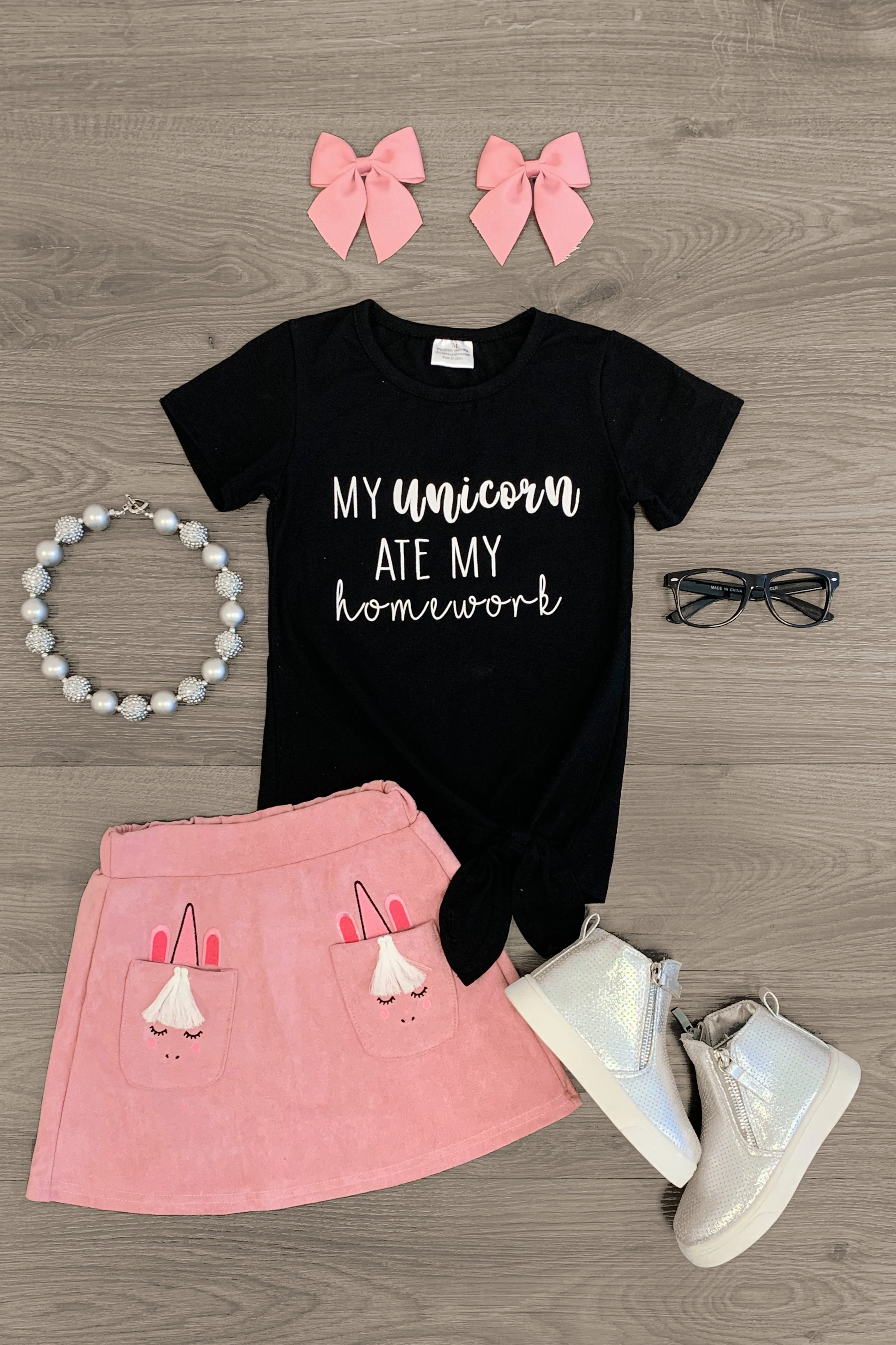 "My Unicorn Ate My Homework" Suede Skirt Set