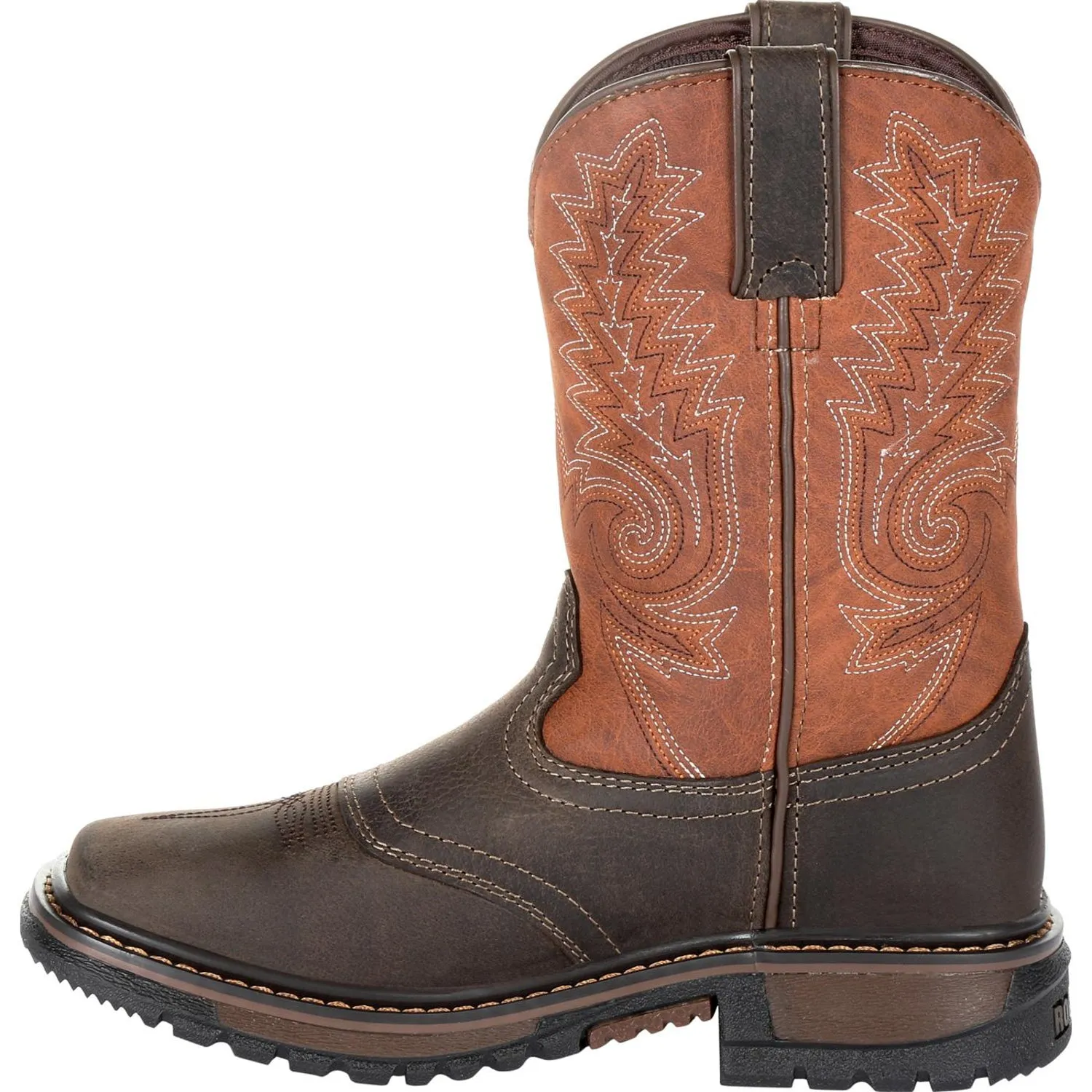 Rocky Kids Boys Chocolate/Orange Leather Ride FLX Western Cowboy Boots