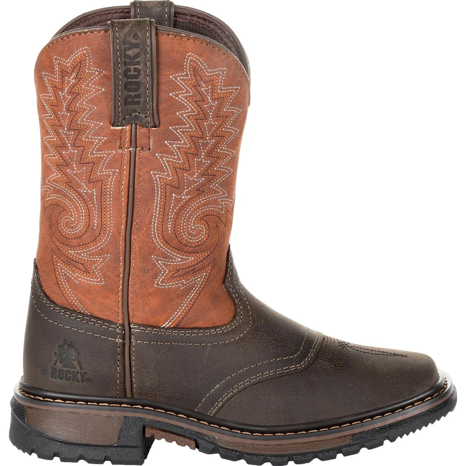 Rocky Kids Boys Chocolate/Orange Leather Ride FLX Western Cowboy Boots