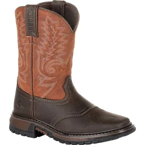 Rocky Kids Boys Chocolate/Orange Leather Ride FLX Western Cowboy Boots